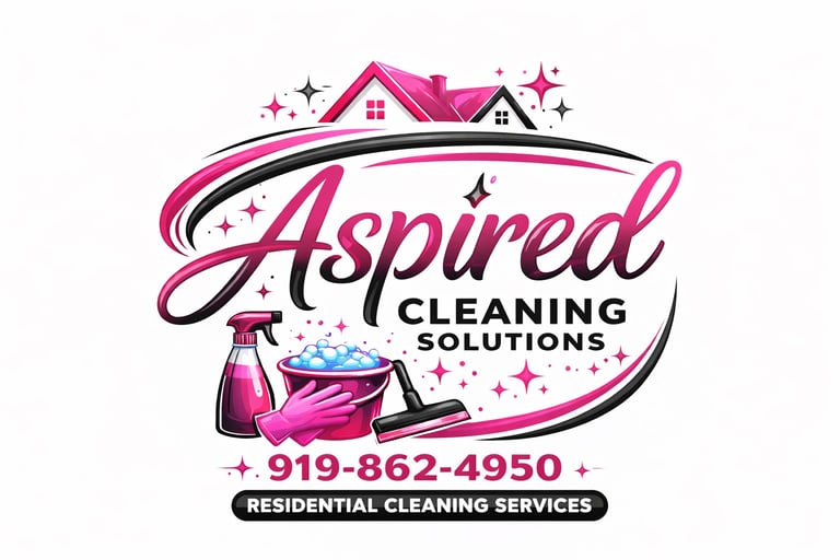 Aspired Cleaning Solutions logo with house, cleaning supplies, phone number 919-862-4950 and residential cleaning services text
