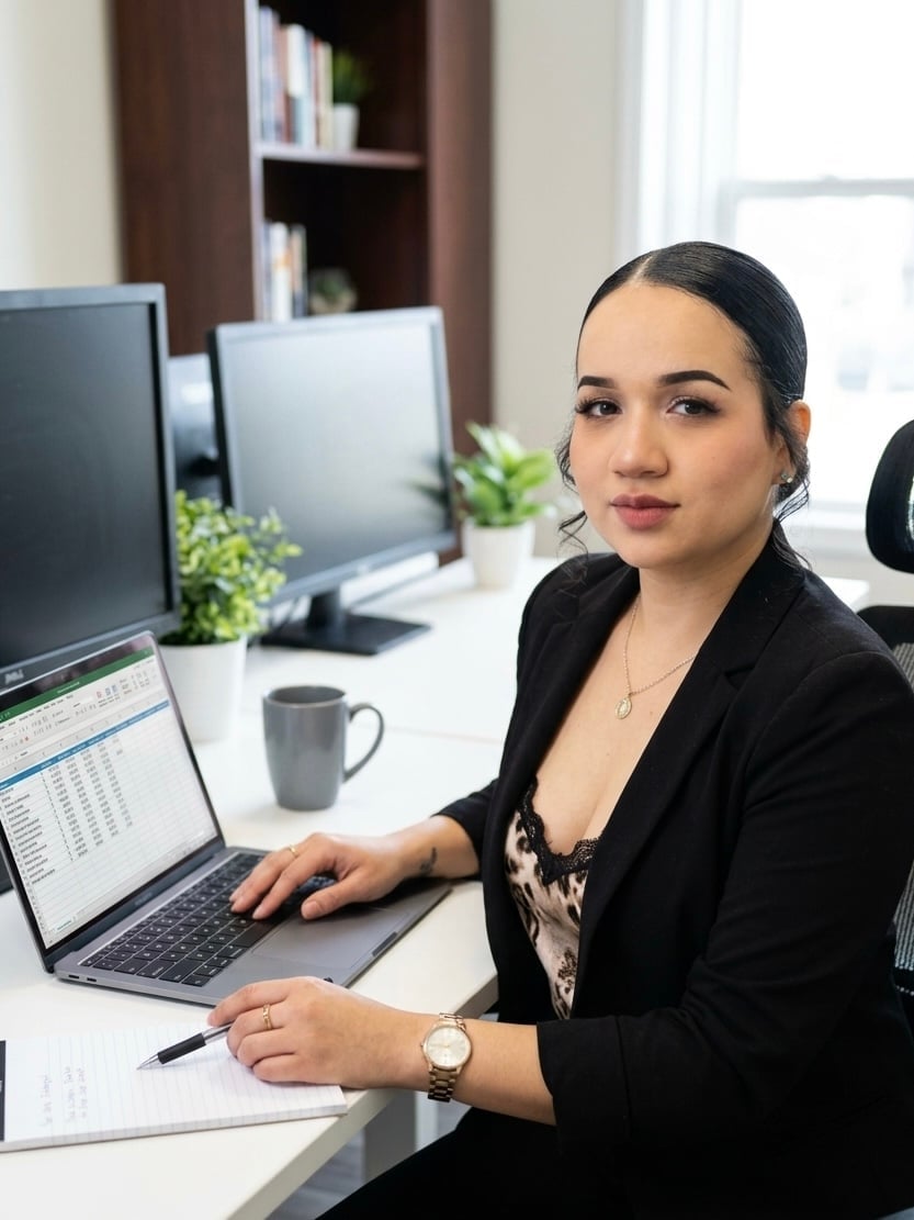 Professional woman working at office desk with laptop, desktop monitors, and plant in modern workplace